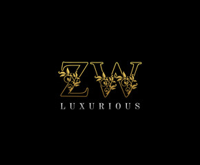 Golden Elegant letter Z, W and ZW. Graceful royal style. Calligraphic beautiful logo. Vintage drawn emblem for book design, weeding card, brand name, business card, Restaurant, Boutique, Hotel. 