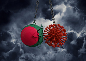 Virus microbe smashing into Bangladesh flag ball. 3D Render