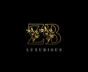 Golden Elegant letter Z, B and ZB. Graceful royal style. Calligraphic beautiful logo. Vintage drawn emblem for book design, weeding card, brand name, business card, Restaurant, Boutique, Hotel. 