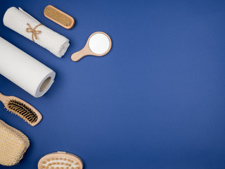 Accessories for making the bathroom and shower on a blue background.