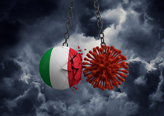Virus microbe smashing into Italy flag ball. 3D Render