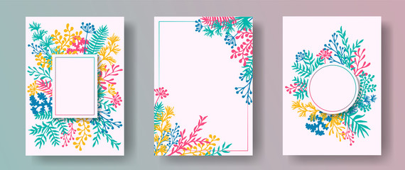 Wild herb twigs, tree branches, flowers floral invitation cards collection. Bouquet wreath vintage cards design with dandelion flowers, fern, mistletoe, olive branches, sage twigs.