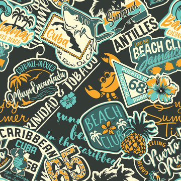 Cute Caribbean islands graphic labels collection abstract vector seamless pattern