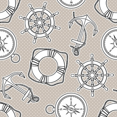 Vector seamless pattern with anchors, lifebuoies, ship's wheels, compasses © sntpzh