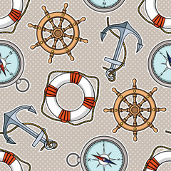 Vector seamless pattern with anchors, lifebuoies, ship's wheels, compasses