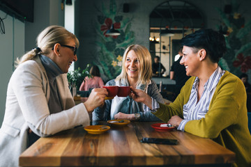 woman friends on coffee break at cafe, cheers with coffee