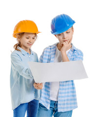 Cute little architects on white background