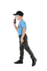 Cute little police officer on white background