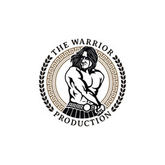 Fototapeta na wymiar Hercules Heracles Taking Out a Sword, Muscular Myth Greek Warrior Ready to Battle Fight War with Circle Emblem Badge Pattern Frame Leaf Wreath Logo Design
