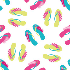 Flip flop shoe on beach seamless vector pattern background. Elegant sandals and flowers oceanside backdrop. Tropical colors. Hot summer all over print. For seaside wedding and honeymoon resort concept