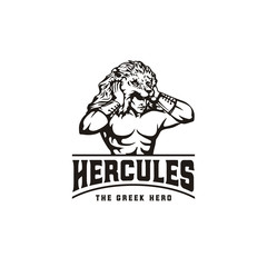 Hercules Heracles Lion Headdress, Muscular Myth Greek Warrior Vintage Retro Logo design - obrazy, fototapety, plakaty
