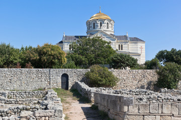 Ruins of the Inn in Tauric Chersonesos and Vladimir Cathedral in the city of Sevastopol, Crimea
