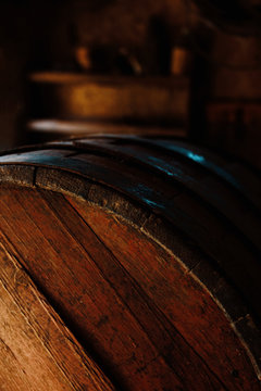 Beer barrel close-up. Oak barrel texture