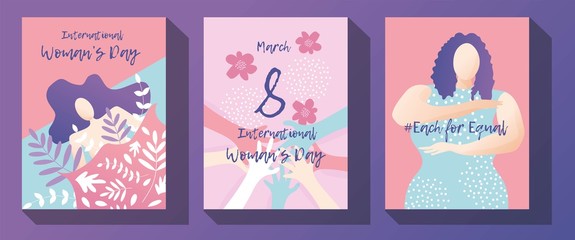 set of vertical posters with simple, flat, colorful illustrations of woman, flora and words for celebrating the international woman's day.