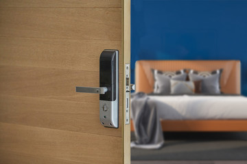 Digital door lock security systems on white wood door in front of blur bedroom background. Electronic door handle with key pads numbers. Selective focus