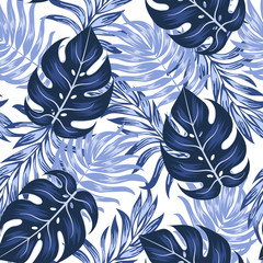 Original seamless tropical pattern with bright plants and leaves on a white background.  Summer colorful hawaiian seamless pattern with tropical plants. Tropic leaves in bright colors. 