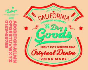 Vector illustration on the theme of denim, raw and jeans in New York City. Vintage design. Grunge background. Typography, t-shirt graphics, print, poster, banner, flyer, postcard.Handmade Vintage Font