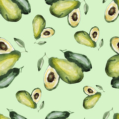 Seamless pattern Hand-drawn watercolor illustration. avocado slices. Natural healthy diet. Diet, menu, restaurant. Print, textile, paper