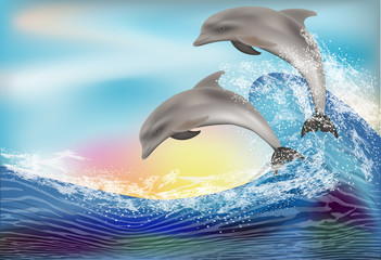 Nature ocean wallpaper with two dolphins, vector illustration	