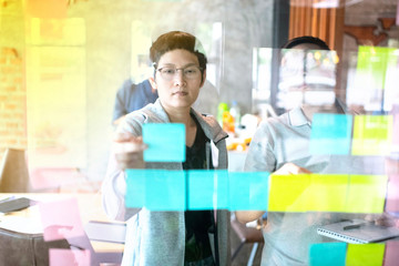 Asian business woman wearing casual outfit meeting  with business partner using note paper for present idea.Agile and scrum meeting