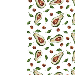 Seamless pattern Hand-drawn watercolor illustration. avocado slices. Natural healthy diet. Diet, menu, restaurant. Print, textile, paper