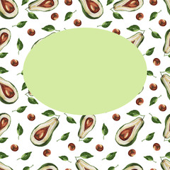 avocado watercolor frame plants flora healthy nutrition vegetarianism vegetables on a white background