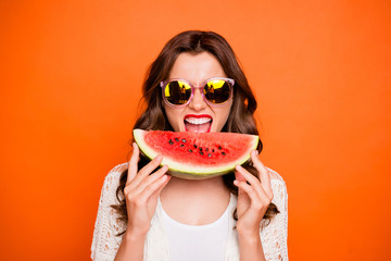 Photo of cheerful cute nice positive charming youth girl about biting wedge of juicy watermelon...