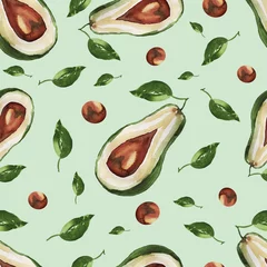 Vlies Fototapete Avocado Avocado-Muster nahtlose Pflanzen Gemüse Vegetarismus gesunde Ernährung auf hellgrünem Hintergrund