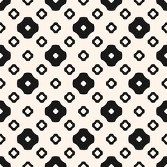 Vector geometric seamless pattern. Simple abstract minimalist background with different floral shapes, hollow rounded crosses. Black and white repeat texture. Universal design for decoration, textile