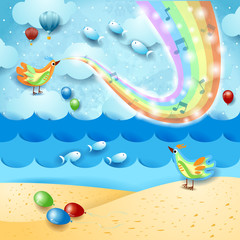Fototapeta na wymiar Fantastic seascape with music, birds and rainbow colors