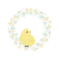 Easter wreath with flowers and chick. Greeting card. The symbol of spring. Vector illustration.