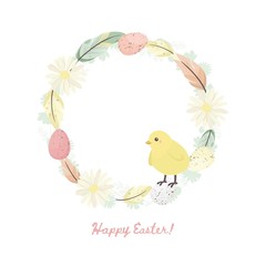 Easter wreath with flowers and chick. Greeting card. The symbol of spring. Vector illustration.