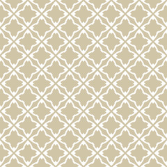 Golden vector geometric seamless pattern in oriental style. White and gold ornamental texture. Abstract background with diamond shapes, stars, flower silhouettes, grid, repeat tiles. Luxury design