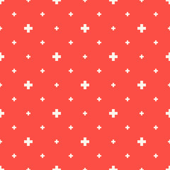 Vector minimalist geometric seamless pattern with small crosses, squares, flower shapes. Texture in red and white color. Simple abstract minimal background. Funky style repeat design for decor, print