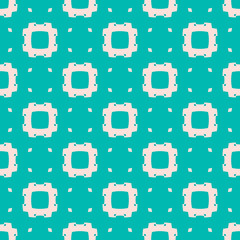 Vector minimalist geometric seamless pattern. Cute minimal abstract texture with small rhombuses, flower silhouettes, squares. Simple ornamental background. Turquoise and pink color. Repeating design