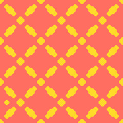 Bright colorful geometric seamless pattern. Simple vector abstract texture with small floral shapes, crosses, dots, grid. Coral and yellow color. Minimalist funky background. Cute modern repeat design