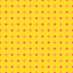 Bright colorful geometric seamless pattern. Simple vector abstract texture with small floral shapes, circles, dots. Coral and yellow color. Stylish minimalist funky background. Cute repeated design