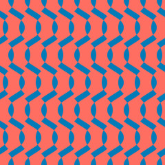Vector abstract geometric seamless pattern with wavy lines, curved shapes, zigzag, stripes. Simple background texture in trendy bright colors, blue and living coral. Modern repeat decorative design