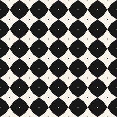 Diamond pattern. Vector abstract checkered seamless texture. Black and white geometric ornament with small rhombuses, flower silhouettes, stars, grid, repeat tiles. Minimal monochrome graphic design