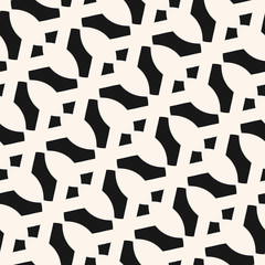 Vector abstract geometric monochrome seamless pattern in traditional ethnic style. Black and white background with diagonal mesh, curved lines, weaving. Simple ornament texture. Repeatable design