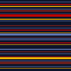 Horizontal stripes seamless pattern. Vector colorful lines texture. Abstract geometric striped background. Thin and thick strips. Red, maroon, yellow, blue, navy and black color. Simple repeat design