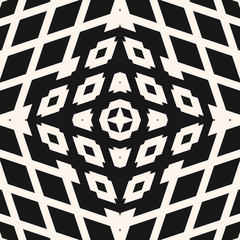Vector geometric seamless pattern. Abstract black and white ornament with simple geometrical shapes, diamonds, stars, rhombuses, grid, net, lattice. Stylish dark background. Modern repeat geo design