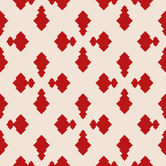 Abstract geometric seamless pattern. Vector background in red and beige color. Simple luxury ornament with rhombuses, diamond shapes. Elegant ornamental graphic texture. Ethnic style repeated design