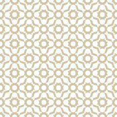 Golden abstract geometric ornamental seamless pattern. Elegant gold and white background. Simple ornament with floral shapes, net, lattice, mesh, grid. Simple graphic texture. Luxury repeat design