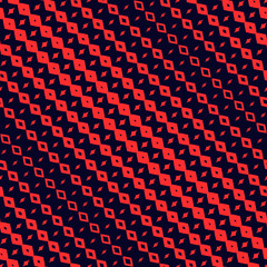 Vector halftone geometric seamless pattern with diamond shapes, fading rhombuses. Abstract background with diagonal gradient transition effect. Texture in red and black color. Repeat decorative design