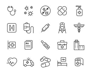 set of hospital icons, medicine, doctor, clinic, virus, disease