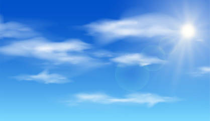 Naklejka na ściany i meble Realistic shining sun with lens flare. Blue sky with clouds. Vector illustration.