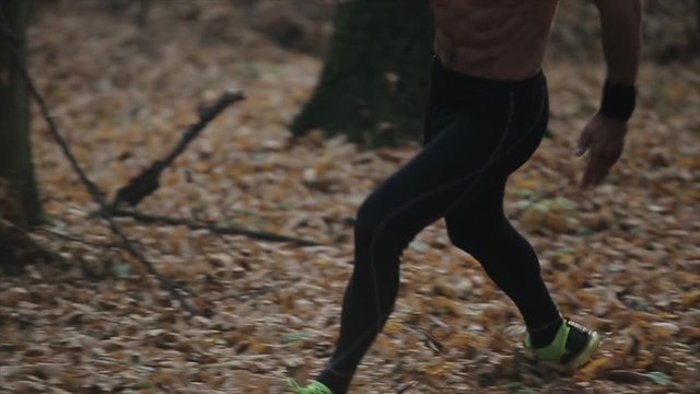 fast running muscular man with naked torso. young caucasian runner in forest. view between trees