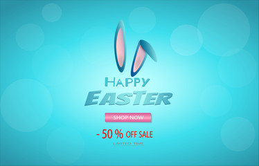 Blue rabbit ears above the sale sign, on a blue background, the concept of a modern Easter.	