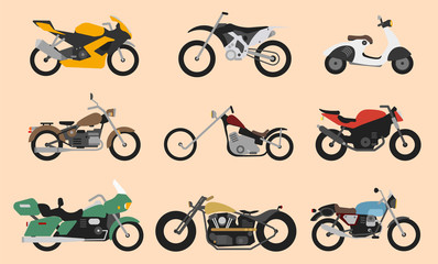 Set of motorcycle or motorbike, bike or extreme cycle. Retro street scooter and modern cruiser or moped. Collection transports for road racing.